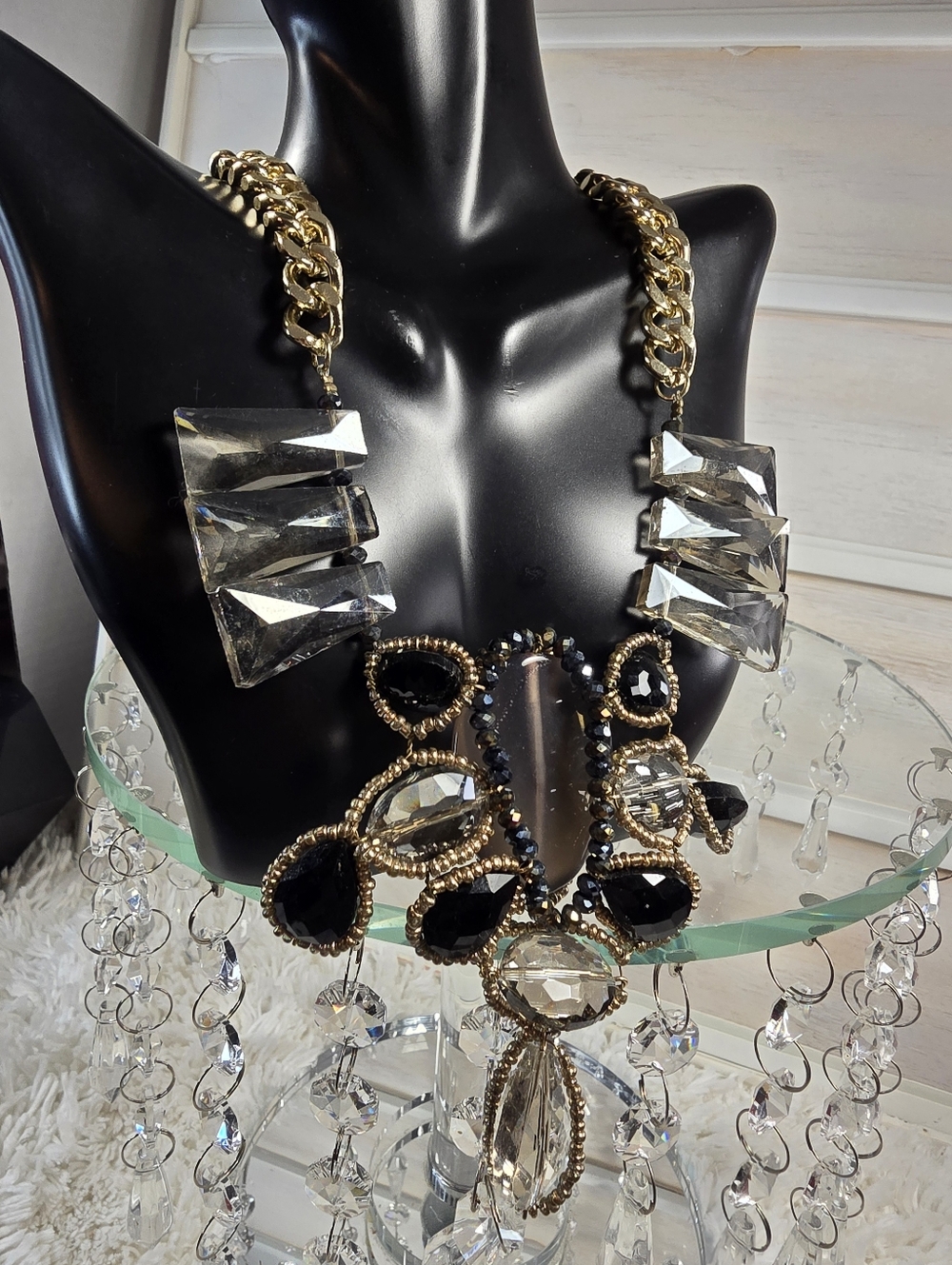 Statement Black and Gold Crystal Bib Necklace - - Picture 2 of 3